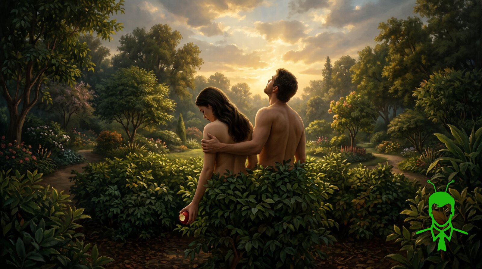 A man and a woman seen from behind in a lush garden at dusk, waist-deep in leafy bushes, her head bowed and a red apple with a bite out of it in her hand, his arm around her shoulders as he lifts his face toward light breaking through the clouds