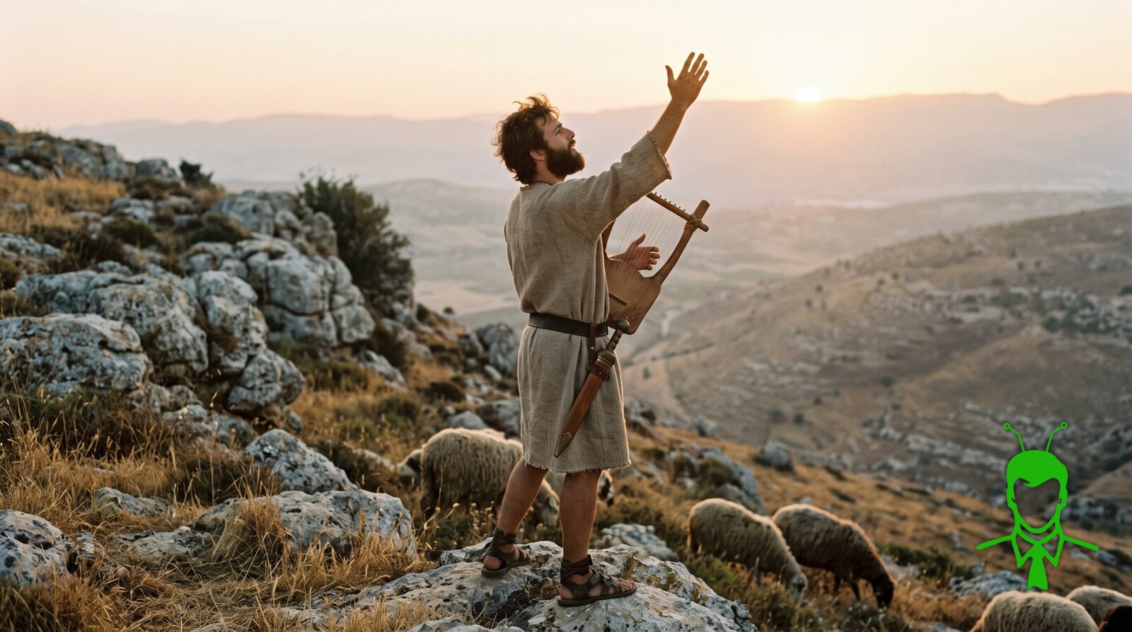 A bearded shepherd with a lyre and a sword at his hip standing on a rocky hillside at sunrise, one hand raised toward the sky as he sings, with sheep grazing below