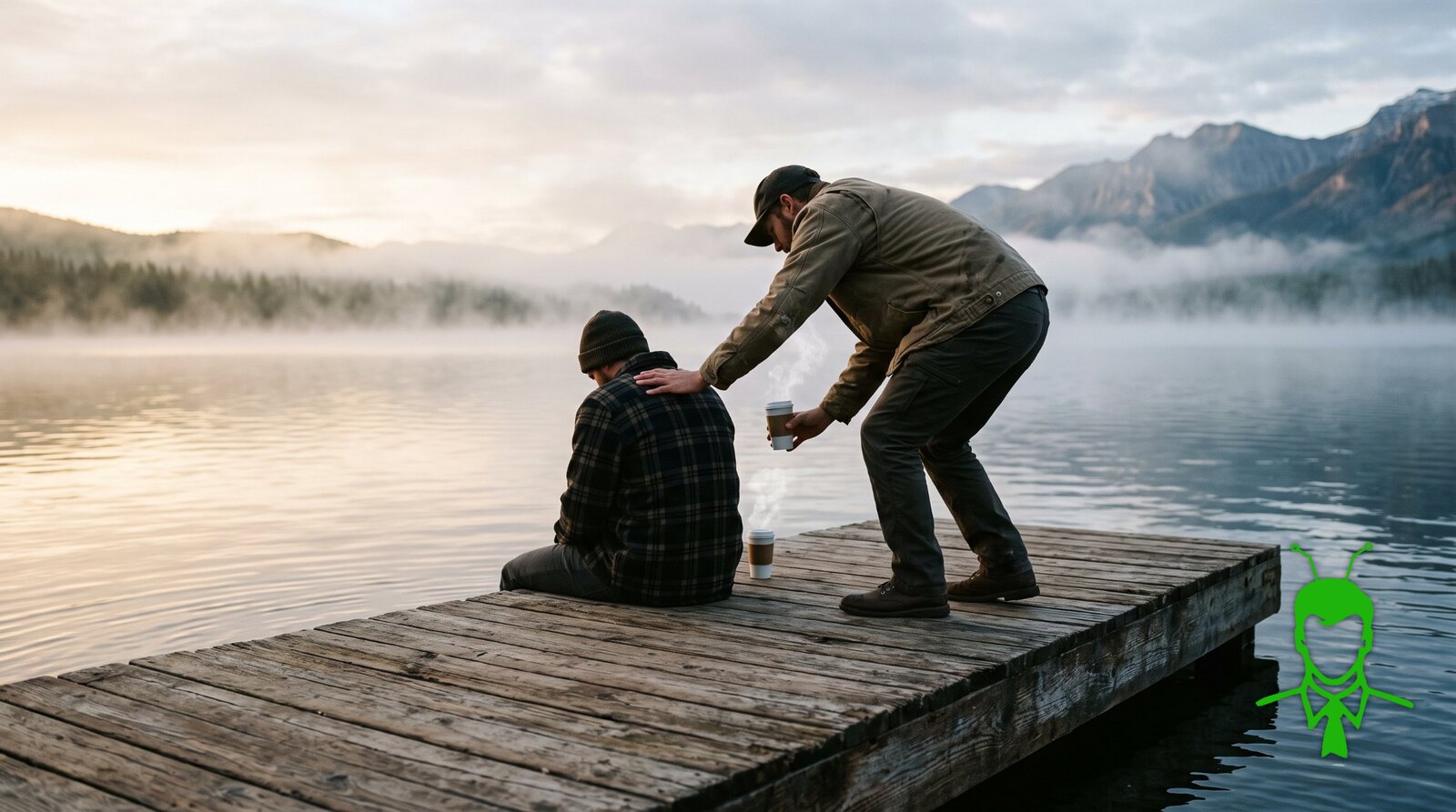 A man in a knit cap and flannel shirt sitting with his head down at the end of a wooden dock on a misty mountain lake at dawn, while a friend bends toward him, one hand on his shoulder, offering him a cup of coffee