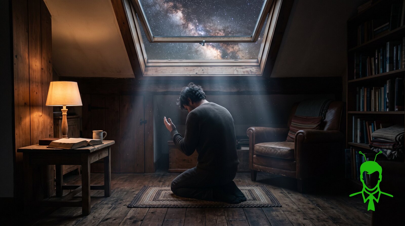 A man kneeling in prayer in a lamplit attic study, one hand raised and head bowed, beneath an open skylight filled with the Milky Way