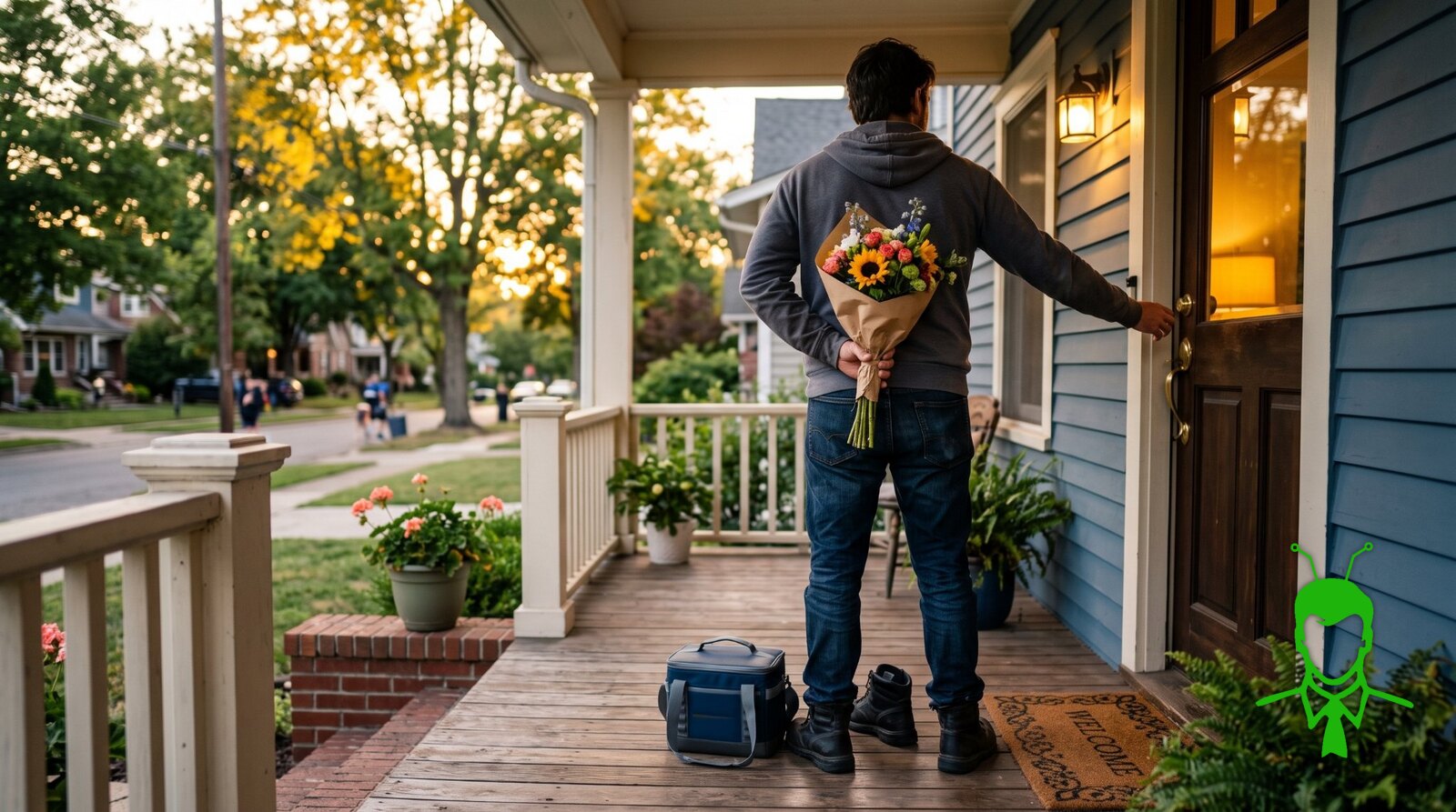 A man in work clothes at his own front door at golden hour, hiding a bouquet of sunflowers and mixed flowers wrapped in brown paper behind his back