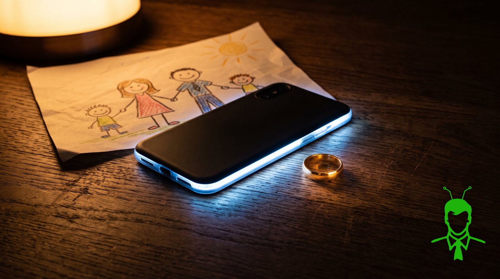 A smartphone lying face down on a dark wooden table with cold blue light leaking from its edges, beside a gold wedding band and a child's crayon drawing of a family holding hands