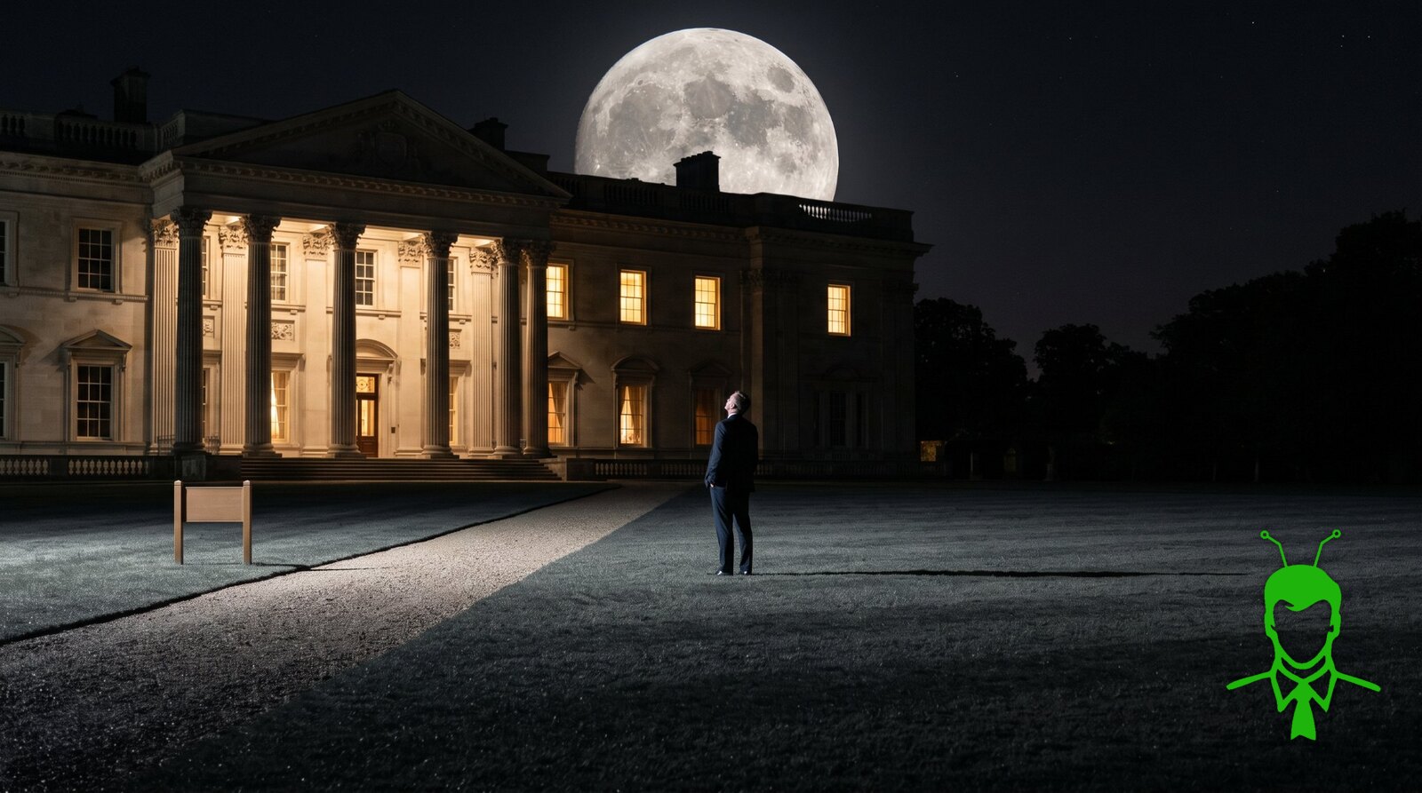 A man in a dark suit standing alone on a moonlit lawn off the gravel path, looking up at an enormous full moon rising over a grand columned hall