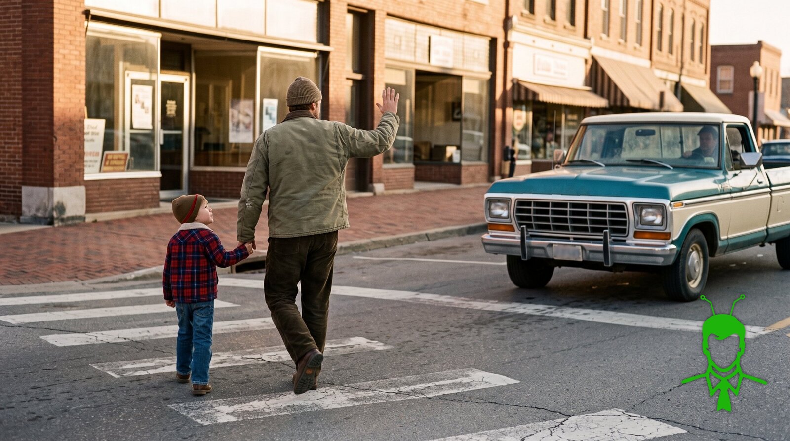 A father in a work jacket holding his young son's hand as they cross a small-town street, waving thanks to the driver of an old pickup truck that has stopped for them