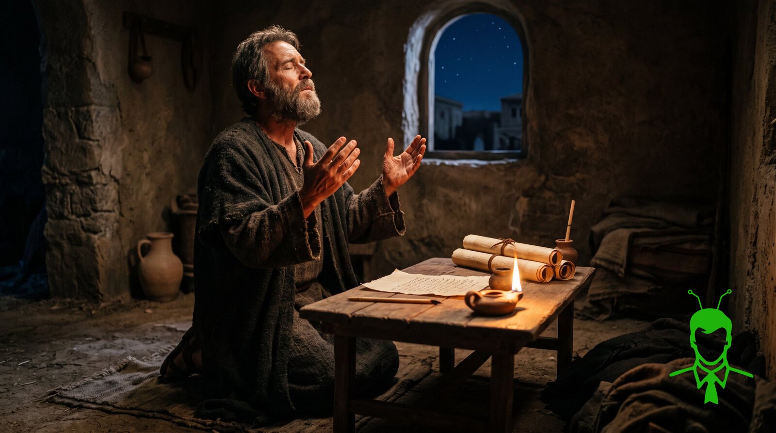A bearded man in a rough wool robe kneeling in prayer with hands lifted in a stone room at night, beside a low table with scrolls, papyrus, a reed pen and a lit clay oil lamp