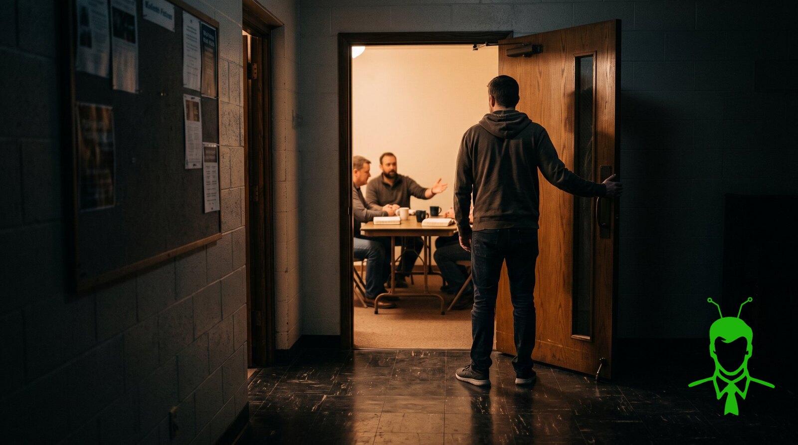 A man in a hoodie standing in a dark church hallway, holding open a door to a warmly lit room where men sit around a table with coffee and open Bibles, one reaching out a welcoming hand