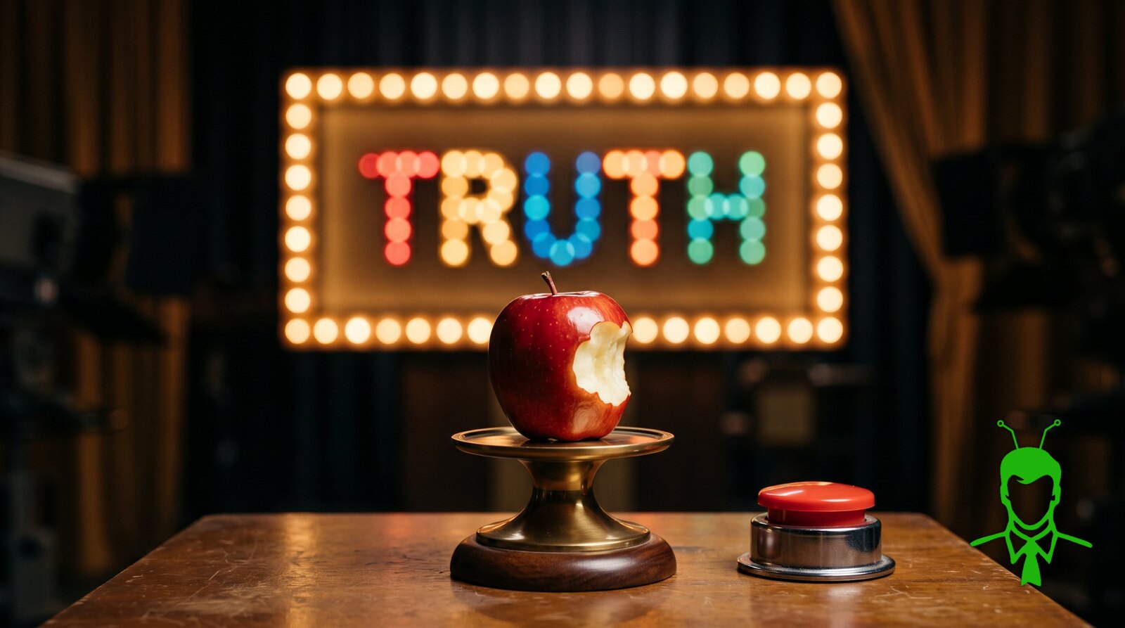 A red apple with one bite taken out of it sits on a brass pedestal beside a red game show buzzer, with a marquee sign spelling TRUTH in colored lights glowing behind them