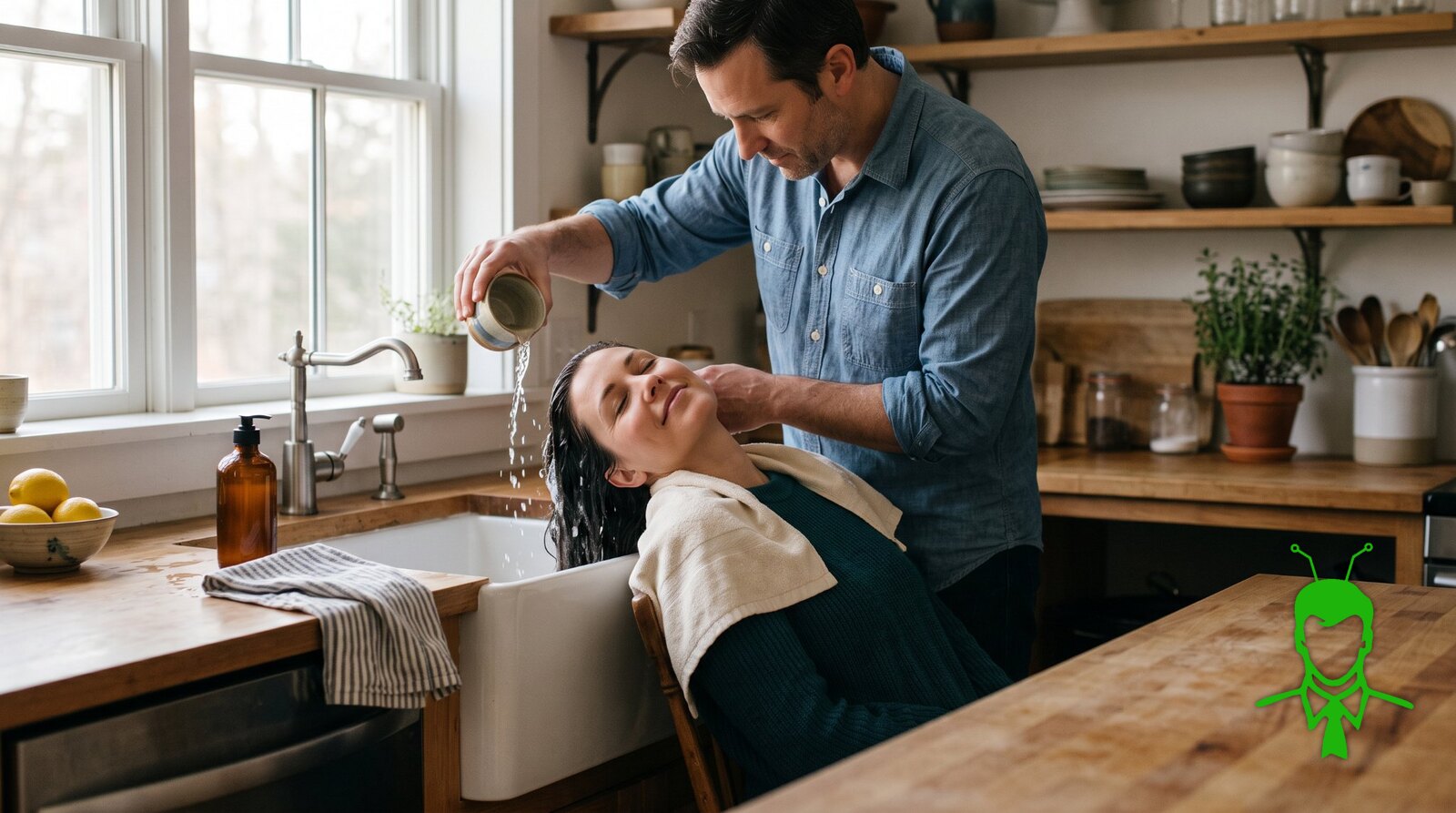 A husband gently pouring water over his wife's hair as she leans back toward a farmhouse kitchen sink with a towel around her shoulders, eyes closed and smiling