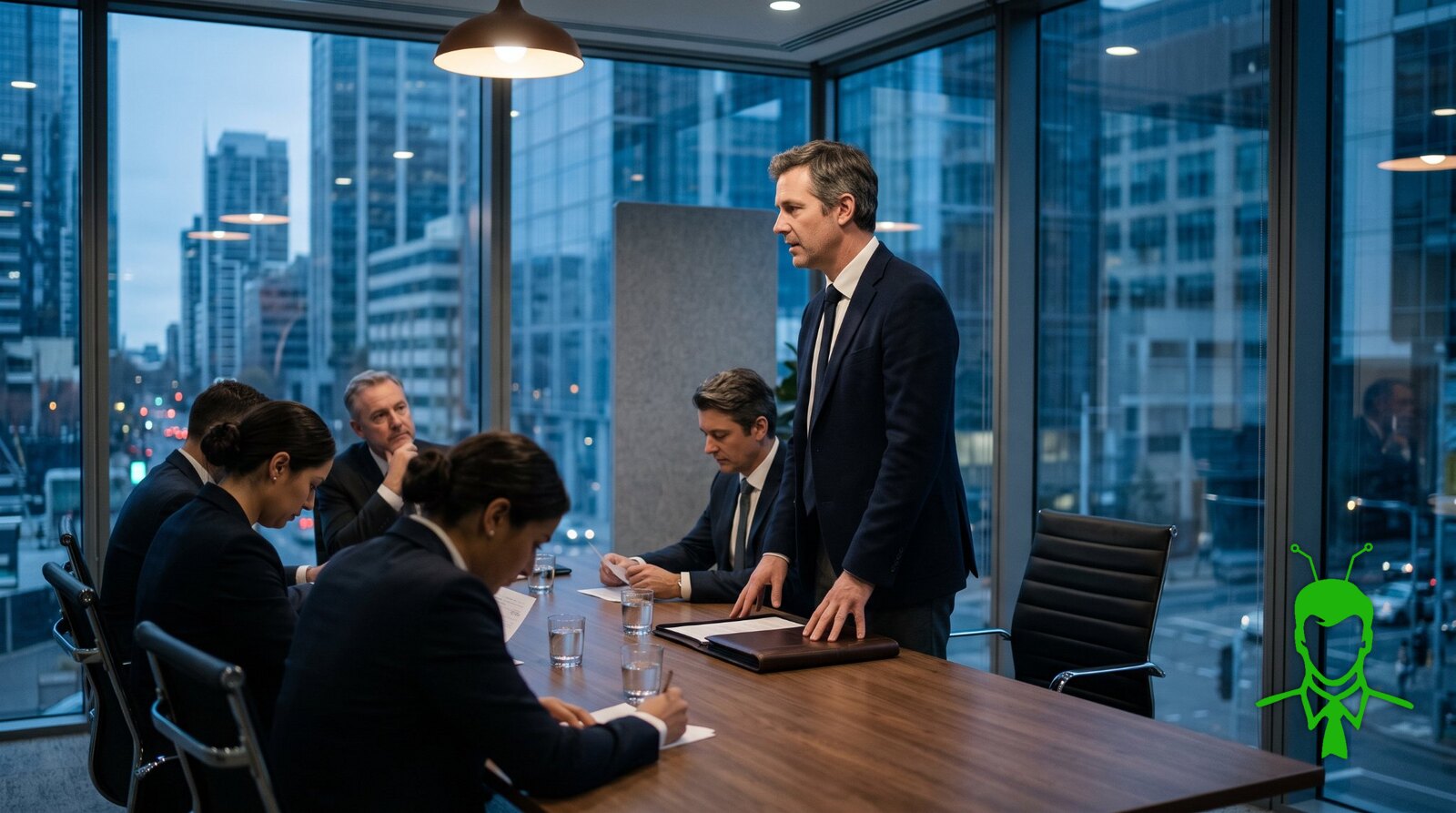A man in a suit standing at a conference table, hands resting on a closed folder, calmly speaking up toward the head of the table while his colleagues keep their eyes down on their papers