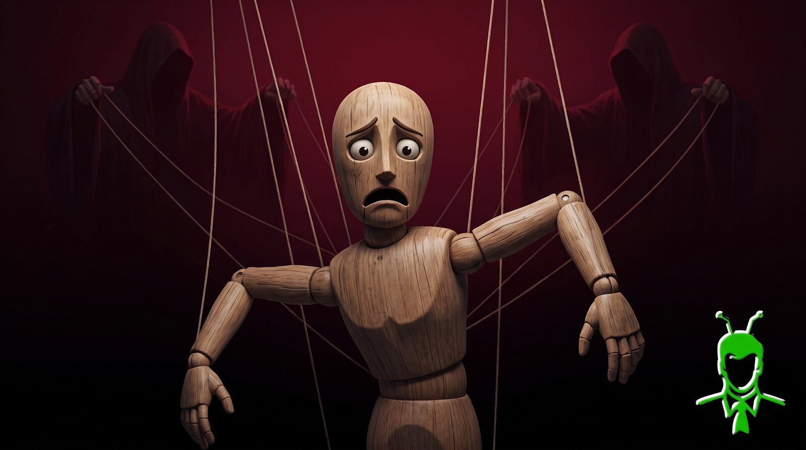A hand carved wooden marionette with strings running up into the dark, two hooded figures working the controls behind it