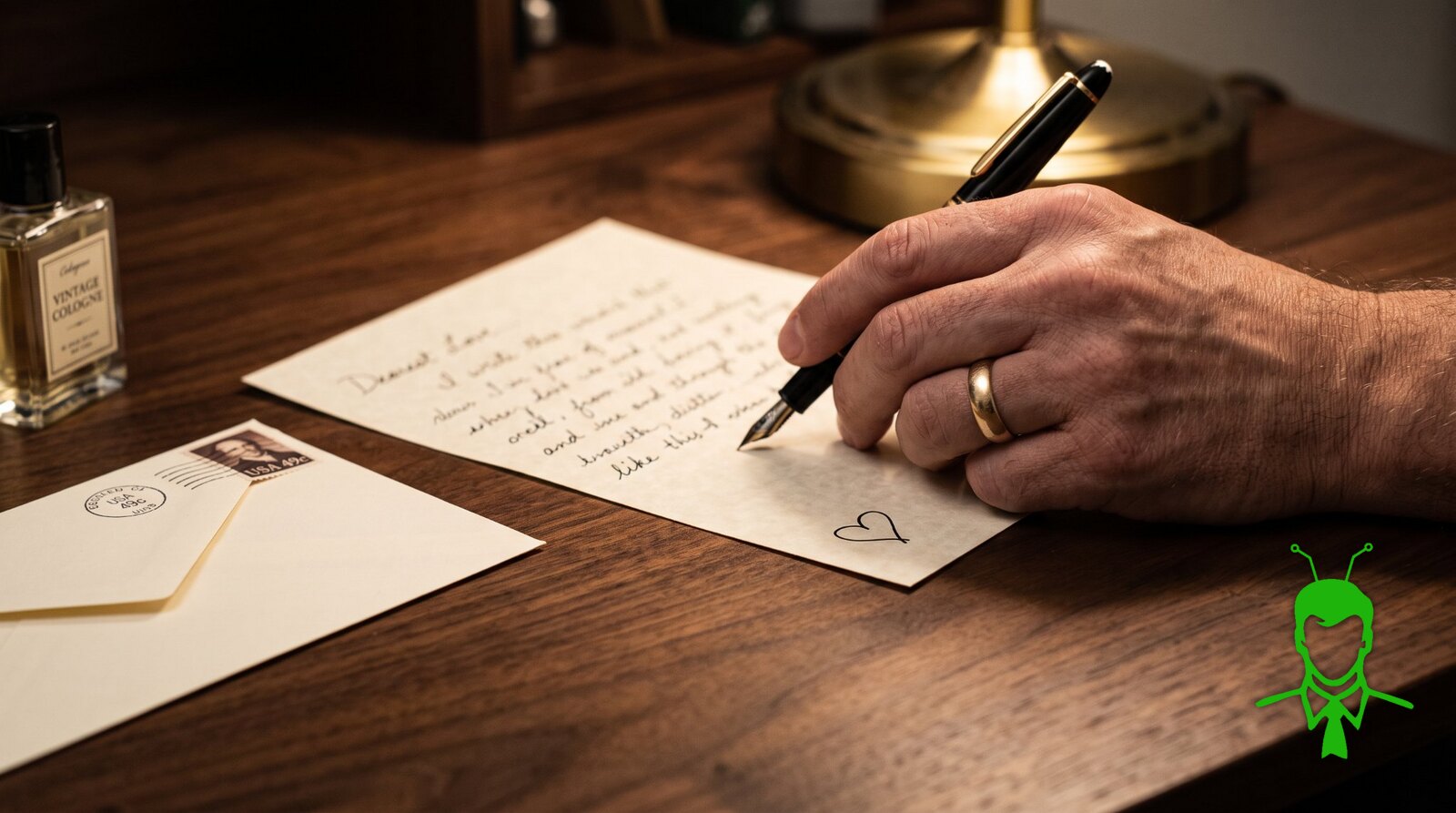 A man's hand wearing a gold wedding band writing a handwritten letter with a fountain pen by lamplight, a small heart drawn at the bottom, a stamped envelope and a bottle of cologne nearby